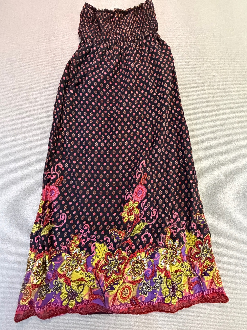 Raviya Boho Floral Border Print Smocked Strapless Maxi Dress S